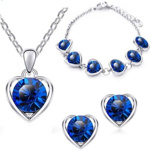 QiLeSen Fine jewelry 925 sterling silver for ladies wedding peach heart blue suit necklace earrings bracelet set yw033