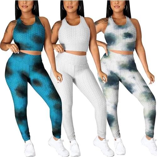 2Pcs Women Summer Tracksuit Tie-Dyed O-Neck Vest Tank Tops High-Waist Leggings Pants Suit Slim Clothes Set for Female Ladies New