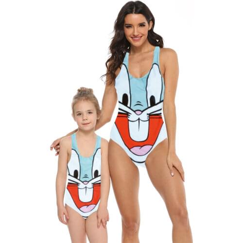 Mommy and Me Swimsuit Family Matching Mother Daughter Cartoon Rabbit Swimwear Women Girls One Piece Bikini Bathing Suit