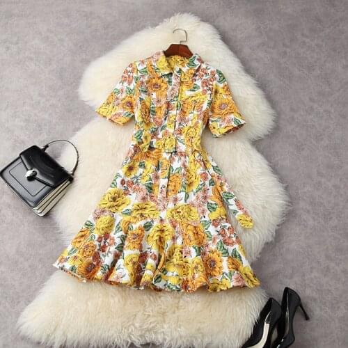 2021 Slim Leisure High Street Girl Dress New Spring Office Work Flowe Shirt Dress Summer Printing Pastoral Print Party Dresses