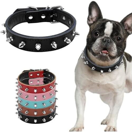 1" Wide Cool Spiked Studded Padded Leather Dog Collars For Small Medium Dogs Pitbull Terrier 11-17" Adjustable S M L 5 Colors