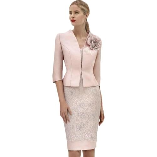 2020 Mother Of The Bride Dresses With Jacket Sheath Lace Flowers Plus Size Short Mother Dresses For Wedding Knee Length