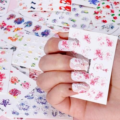 1 Pcs 6D Embossed Nail Sticker Acrylic Engraved Nail Stickers Pink Flowers Black White Geometric Totem Water Slide Nail Decals