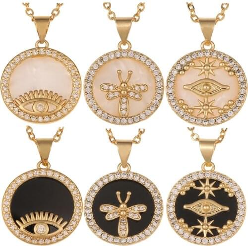Bohemian Evil Eyes Gold Disc Pendant Necklaces For Women Trendy Shell Inlaid With Zircon Party Jewelry