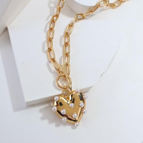 Lifefontier Punk Pearl Metal Heart Pendant Arrow Lock Necklace for Women Vintage Gold Color Link Chain Necklace Jewelry Gift