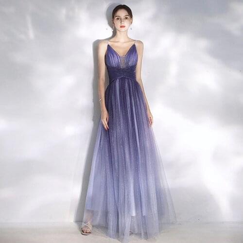 Purple Shining Prom Gowns V-Neck Spaghetti Straps Tulle Pleat A Line Long Bridesmaid Dress For Wedding Party Guests Night Dinner