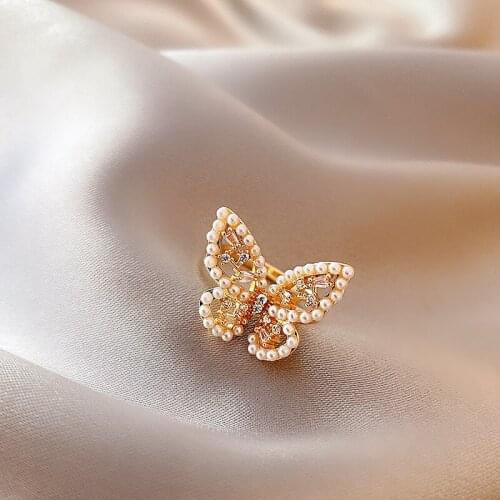 Rings for Women Butterfly Pearl Fashion Crystal Light Luxury Jewelry Adjustable Opening Exquisite Ring Accessories Wholesale