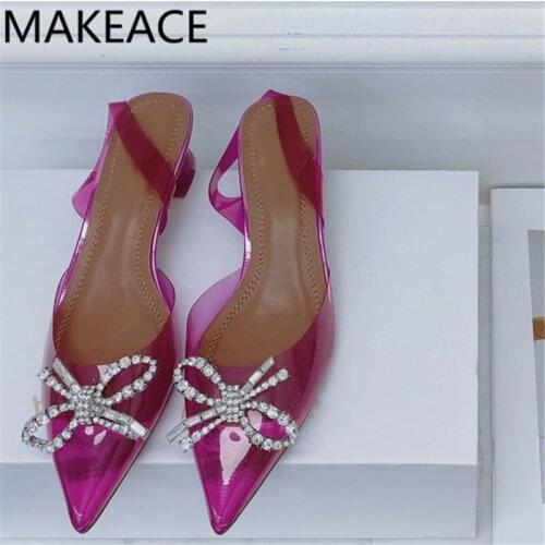Rose red PVC Transparent Crystal Shoes Woman High heel Sandals pointy Goblet heels Slingbacks Sexy Shinny Party Shoes Woman New