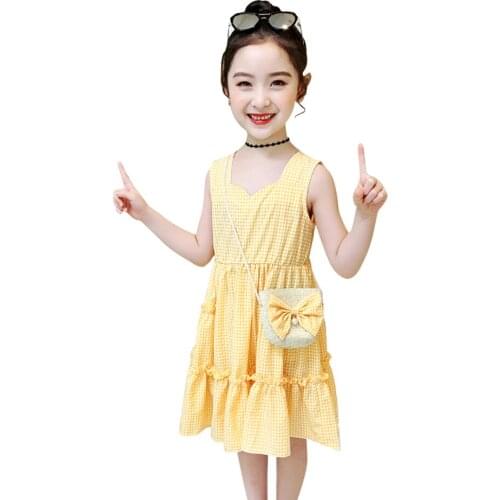 Free Bag Kids Dresses For Girls Plaid Pattern Kids Party Dresses For Girls Teenage Children Dress Summer Clothes Girl