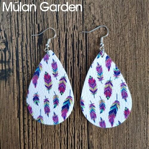 M&G Double-side Faux Leather Earrings Colorful Leaf Print Water Drop Earrings Fashion Jewelry Christmas Gift Women Accessories