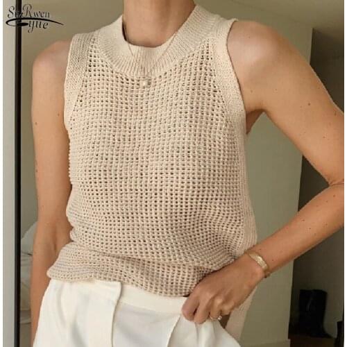 2021 Summer Sleeveless Tank Top Women Hollow Out Knitted Tanks Camis Vest Women Thin Basic Ice Silk Camisoles Tanks Female 14810
