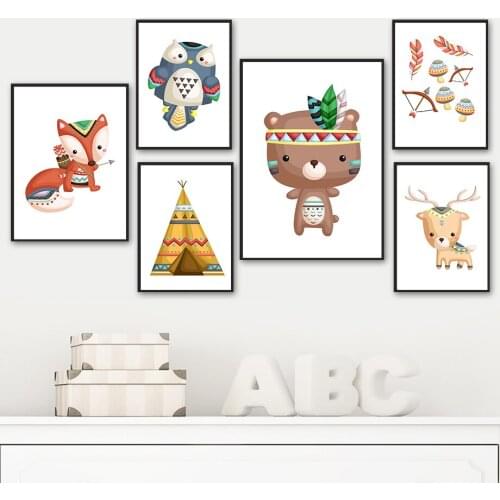 Cute Fox Owl Bear Elk Bow Tent Mushroom Feather Wall Art Canvas Painting Nordic Posters And Prints Wall Pictures Kids Room Decor