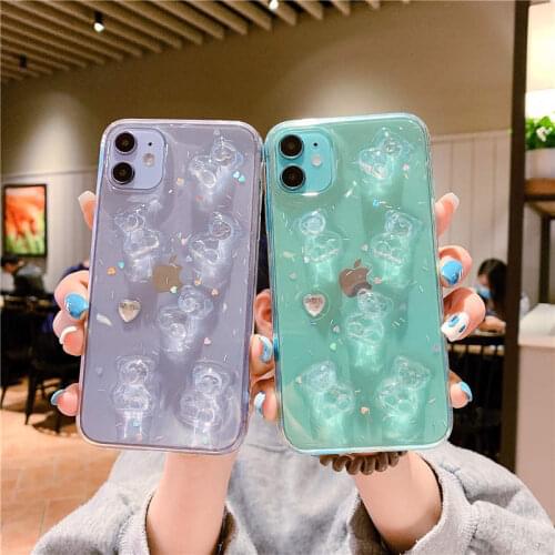 Cute 3D Cartoon Clear Crystal Bear Soft Phone Case For iphone 11 12 Pro Max mini X XR XS Max 7 8 6S plus Silicone Cases Cover