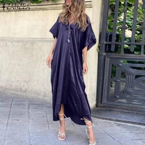Fashion Summer Sundress Women V Neck Short Sleeve Stain Dress ZANZEA Stylish Solid Loose Party Mid-calf Vestido Baggy Robe Femme