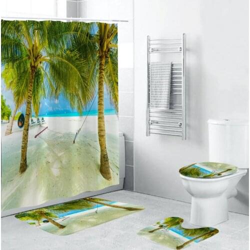 Shower Curtain Set Cartoon Beach Plant Pattern Soft Bathroom Mat Carpet Toilet Mat Four-Piece Combination Home Decoration