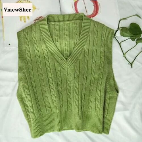 VmewSher New Women Sleeveless Pullover 2020 Cute Vintage Twist Braid V Neck Knitted Sweater Vest Knitwear Women Waistcoat Tops