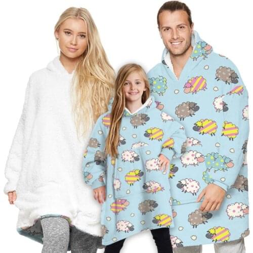 2021 New Casual Family Matching Plush Hoodie Cartoon Animal Print Long Sleeve Hooded Coats with Big Pocket for Autumn Winter