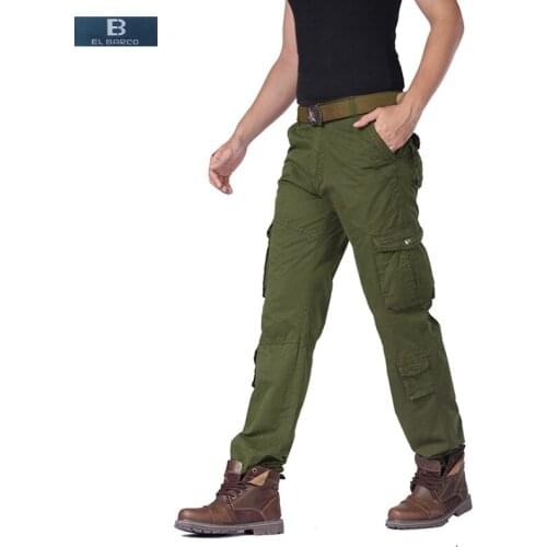 [EL BARCO] Autumn Cotton Men Cargo Pants Pockets Solid Black Khaki Army-green Long Male Casual Trousers Military Joggers Clothes