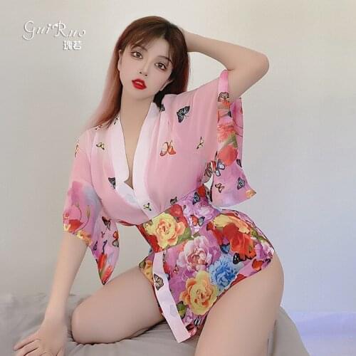 Sexy Kawaii Kimono Lolita Dress Women Erotic Lingerie See Through Underwear Chiffon Floral Bathrobe Cosplay Costume Dropshipping