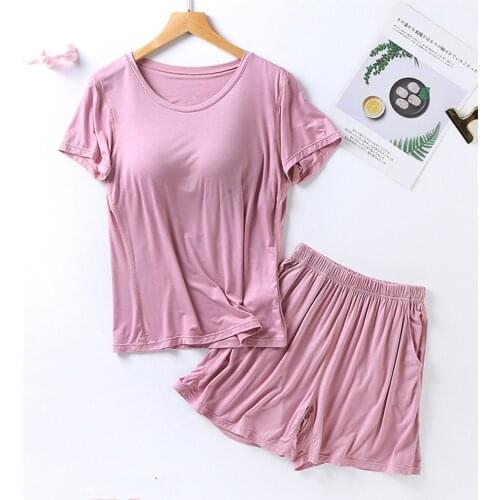 Large Size Solid Summer Pajama Sets Sleepwear Women Push Up Padded Tank Tops T-shirrts Elastic Waist Shorts Loungewear Homewear