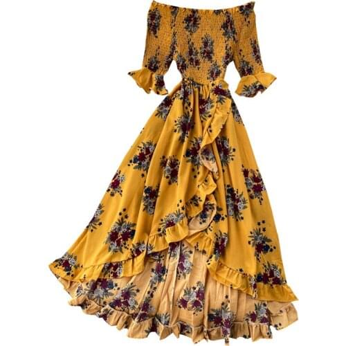 Summer Womens Dresses, New Floral Print Mid-calf Dresses Slash Neck High Waist Dress Thin Niche Irregular Ruffled Dress LL007