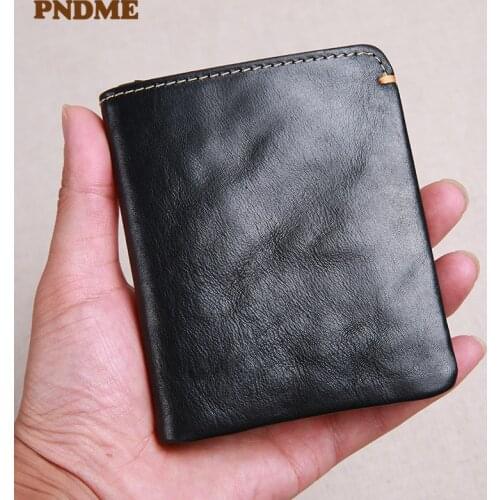 PNDME casual simple genuine leather mens small wallet natural first layer cowhide teens short minimalist card holder purse