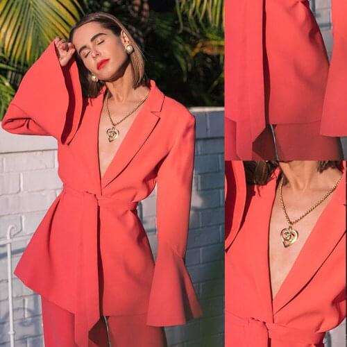 Sexy Fashion Neck Women Blazer Suits Notched Lapel Pocket Slim Fit Custom Made Jacket With Belt Casual Daily 2 Pieces Set
