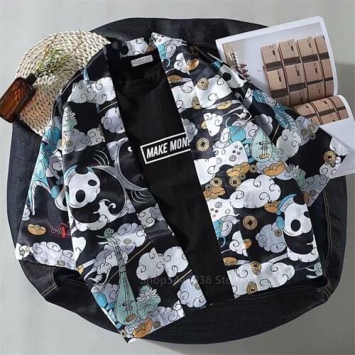 Japanese Style Traditional Clothing Men Asian Oriental Streetwear Fashion Jacket Samurai Haori Panda Crane Pattern Kimono Top
