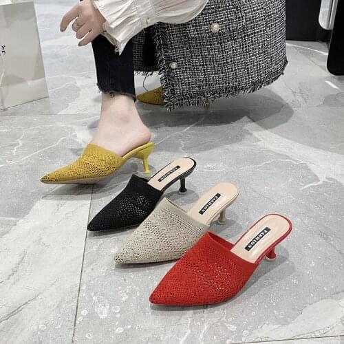 Pointed High Heels Fine Heel Muller Shoes Women Coverd Toe Semi-slippers Retro Fly-woven Mesh Hollow French Women Shoes Sandals