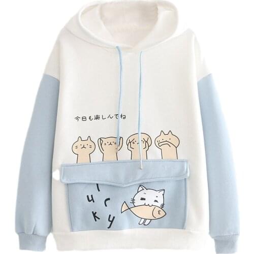 Vintage Spring And Summer Sweatshirt Women Fashion Hooded Cat Eats Fish Cute Cotton Sleeve Tops Blouse Fashion Sweatshirt