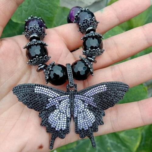 YYGEM Cubic Zirconia Pave Butterfly Pendant Purple Tiger Eye Round Smooth Amethyst Necklace 21"