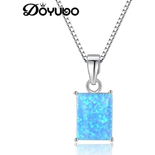 DOYUBO Simple 925 Sterling Silver Blue Retangle Opal Pendant Necklace Women Opal Charms Chain Fashion Wedding Jewelry VA241