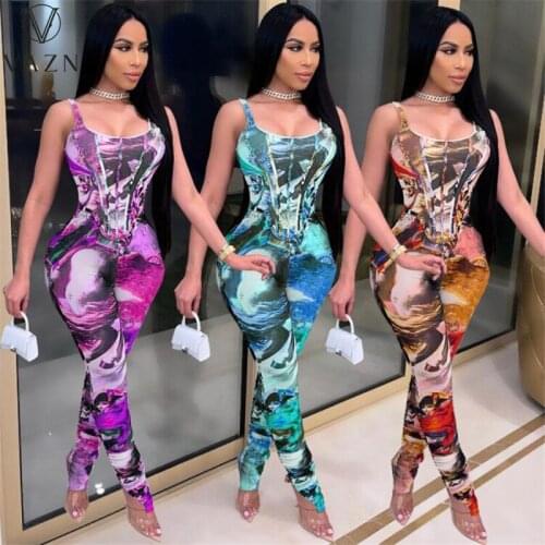 VAZN 2021 Night Party Shinny Bandage Vintage Colorful Print Slim Sleeveless Jumpsuit Sexy Club Holiday Joker Women Jumpsuits