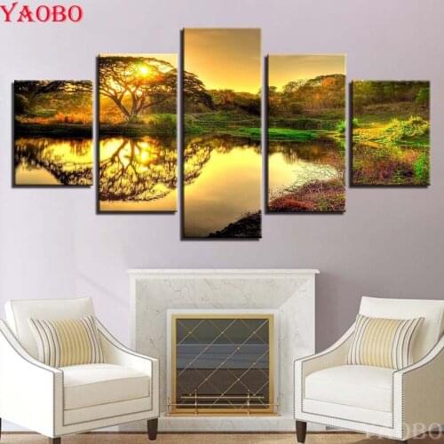 5d Cross Stitch Full Square Round Rhinestones Painting diy diamond painting 5pcs Tree Lake landscape Diamond Embroidery mosaic