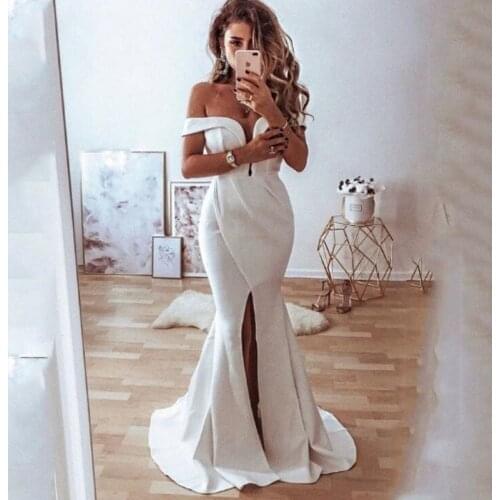 White Mermaid Evening Dresses Sexy Split Satin Party Prom Gowns Simple New Vestidos Formales