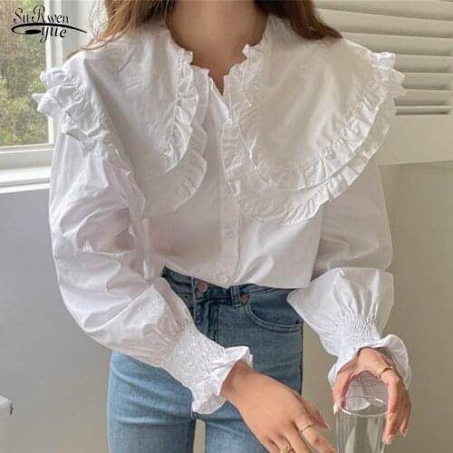 Korean Chic Gentle Plus Size Top Turn Down Collar Ruffled Long Sleeve Shirt Loose Casual White Blouse Women Clothes Blusas 13905