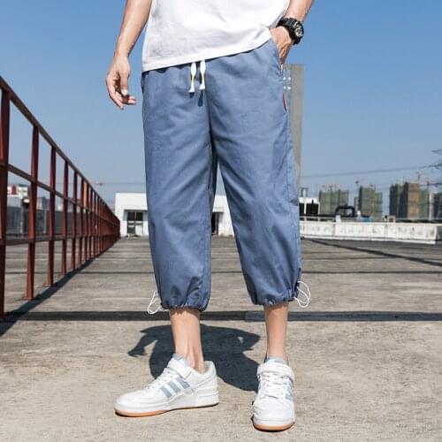 Lightweight Men Pants Men Casual Pants 2021 Summer Loose Gray Solid Color Teens Cropped Trousers Elastic Waist Daily