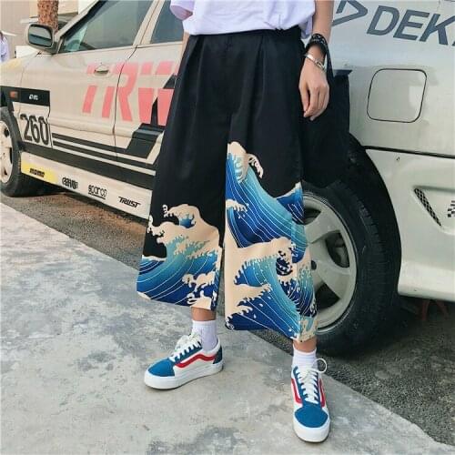 Unisex Man Woman Wide Leg Pants Japanese Style Harajuku Ukiyo Wave Print Casual Elastic Cartoon Leisure Loose Harem Trousers
