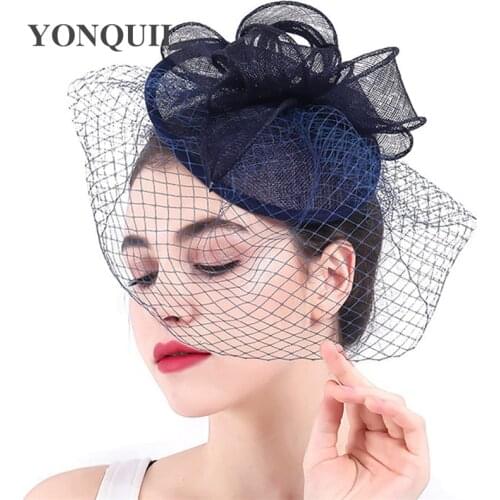 Elegant Bride Mesh Fascinators Veils Navy Hats Sinamay Cocktail Headwear Women Linen Millinery Hat Party Accessories SYF293
