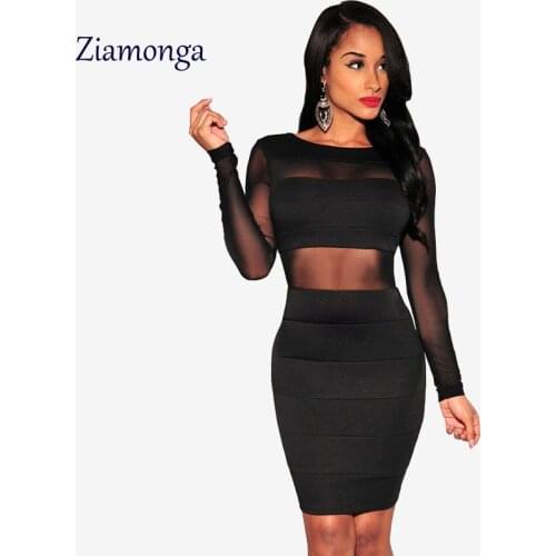 Hot Sale Mesh Patchwork Women Dress Long Sleeve Sexy Club Dress 2017 Plus Size XS- XXL Black Party Dresses New Arrival Club Wear