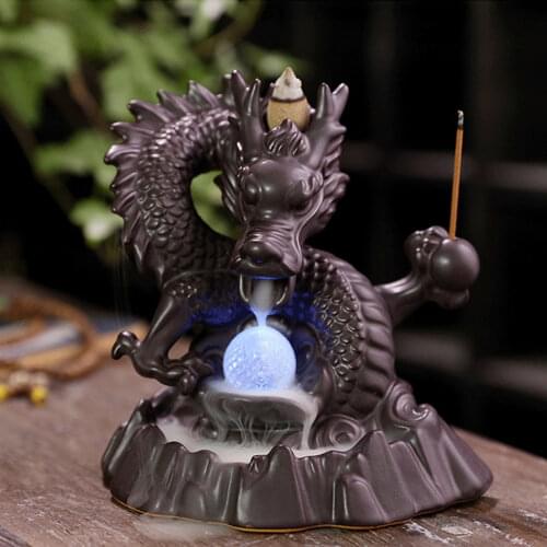 Ceramic Incense Burner Backflow Incense Burner Creative Home Decor Dragon Incense Holder Censer With Crystal Ball + 50pcs Incens