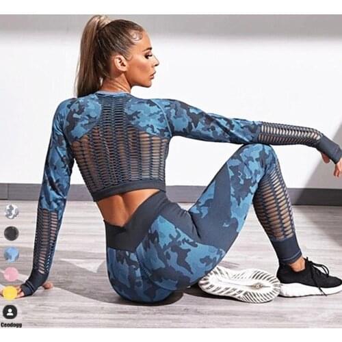2PCS Camouflage Set Women Yoga Suit Sport Set Gym Workout Clothes Long Sleeve Fitness Crop Top High Waist Seamless Camo Leggings