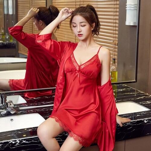 Sexy Womens Robe Set Womens Satin Lace Kimono Gown 2PCS Red Silky Summer Sleepweaer Intimate Lingerie