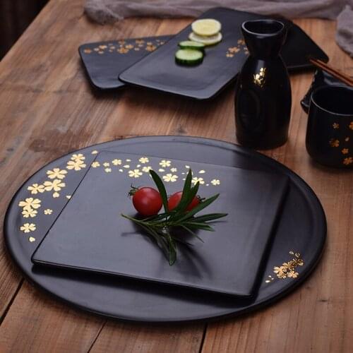 LingAo Matte black ceramic western plate flat plate square oblong hotel cake dessert tray sushi plate