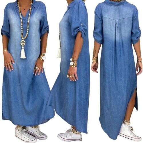 Fashion Korean Plus Size Denim Dress For Women Summer Dress 2020 Lapel Split Sexy Long Maxi Jeans Dress 3xl Vestidos
