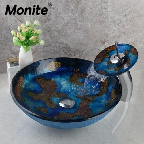Monite Blue Hand Paint Bathroom Basin Sink Tap Art Stone Color Design Bathroom Washbasin Ceramic Lavatory Sink Set Mixer Faucet
