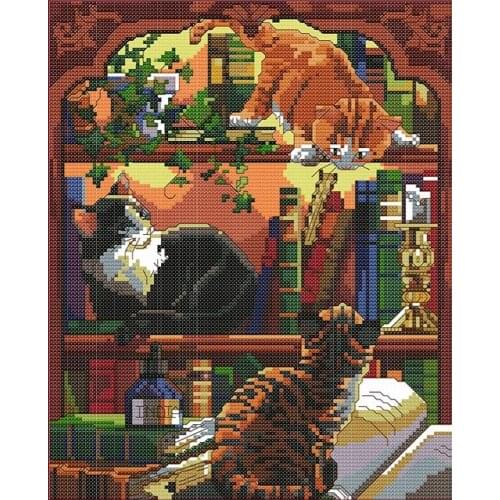 Busy Cat reading book togeter beautiful DIY Handmade Cross Stitch Embroidery Kit Home Decoration Embroidered Cloth