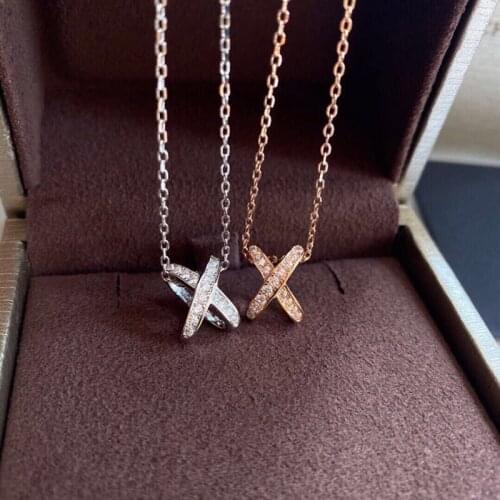 18K Gold Zircon Necklace for Woman Double Cross Diamonds Pendant for Valentines Day Christmas Gift Bridal Wedding Engagement