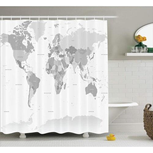 Grey Decor Shower Curtain World Map with All Countries and Major Capital Cities Universe Earth Continents Fabric Bathroom
