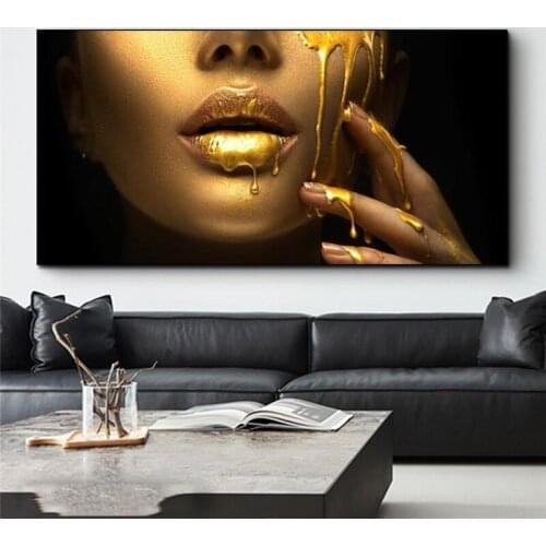 Large Size Modern Wall Art Pictures Black Women Face with Golden Liquid Canvas Print Poster for Living Room House Home Decor